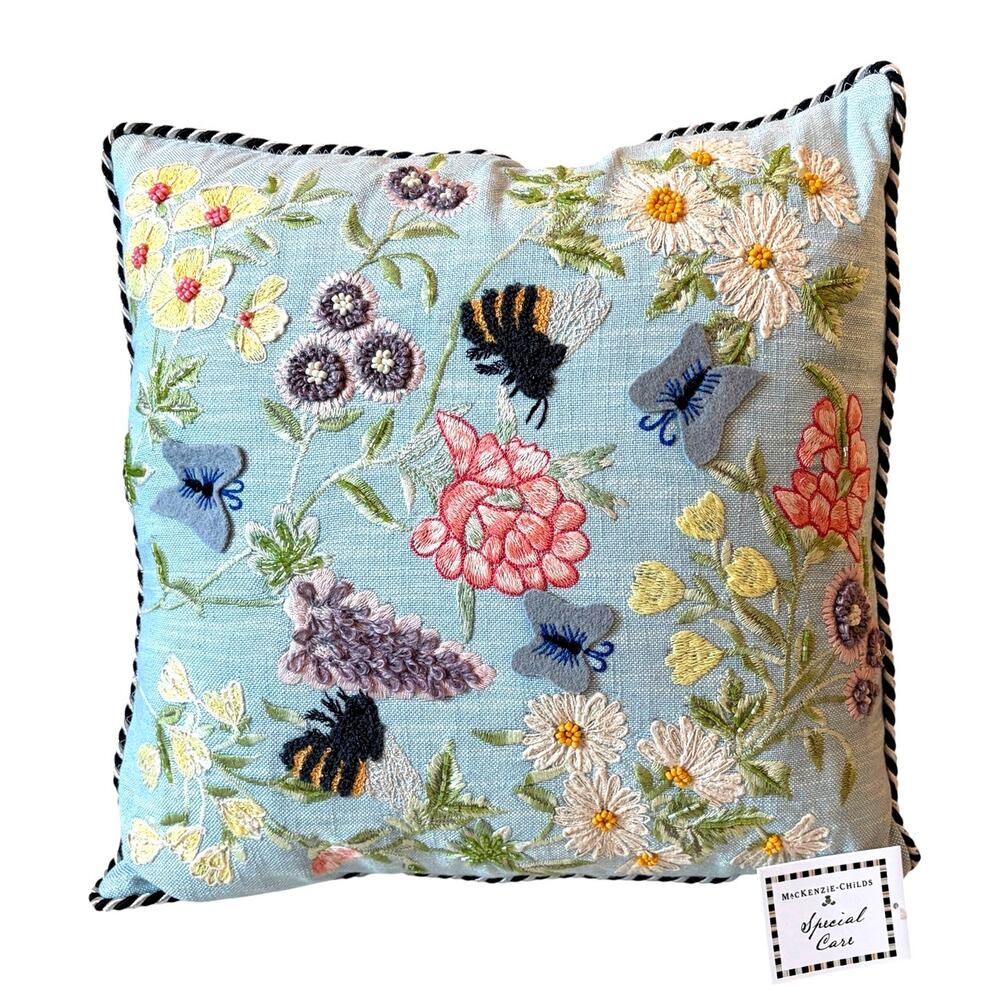 NEW Mackenzie-Childs Floral & Bee Throw Pillow 18x18 Embroidered Spring Decor - Picture 8 of 13